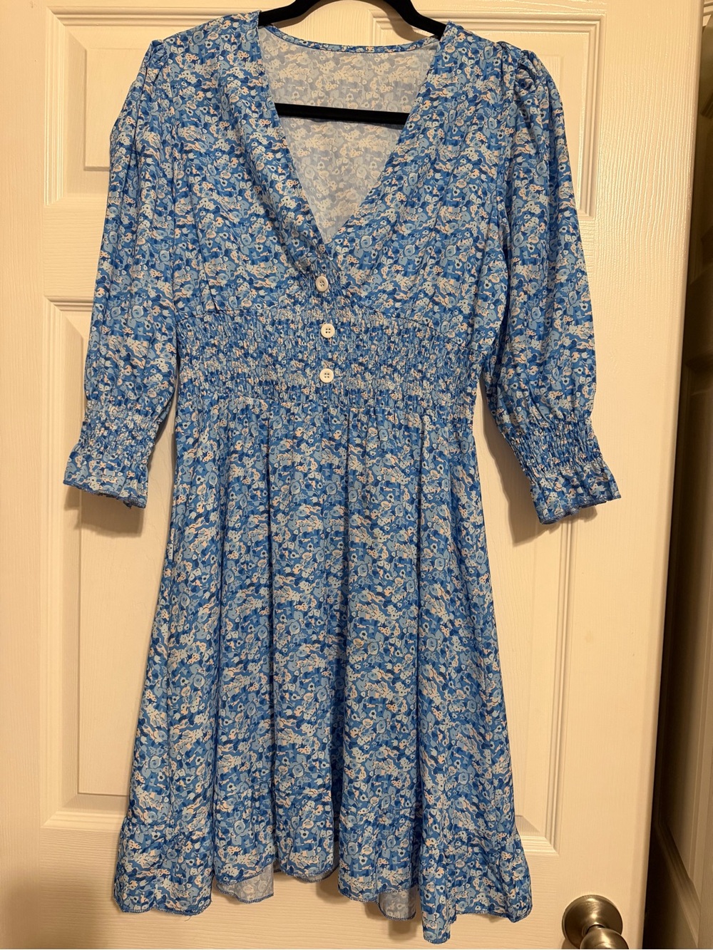 Blue Floral V-Neck Smocked Midi Dress